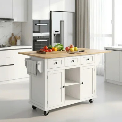 Kitchen Cart On 5 Wheels, Rubber Wood Drop-leaf Countertop Kitchen Island With Storage Cabinet, 3 Drawers And Internal Door Racks For Dining Room,whit | Wayfair North America