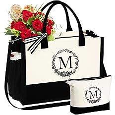 YOOLIFE Initial Cotton Tote Bag with Makeup Bag Beach Tote Bag with Zipper Adjustable Strap Birth... | Amazon (US)