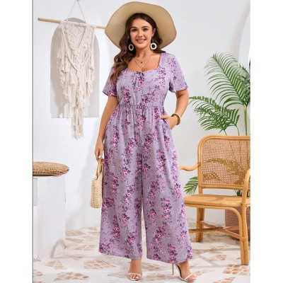 Women Plus Size Floral Jumpsuit Casual Short Sleeve Square Neck Tie Front, Purple Flower, XL | Target