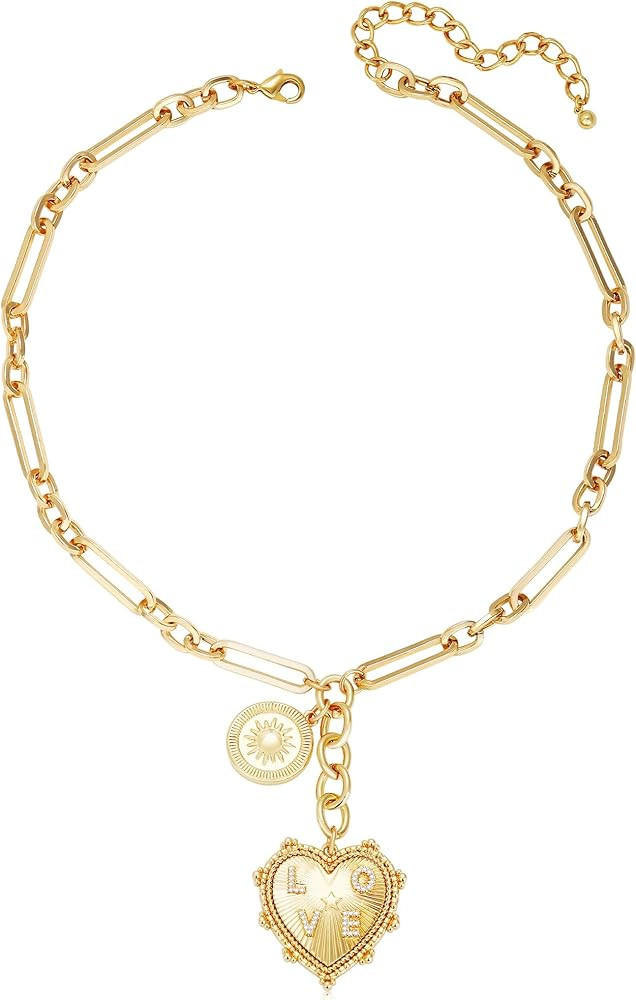 Chunky Gold Sun Heart Pendant Charm Necklace for Women 18K Gold Plated Thick Paperclip Chain Chok... | Amazon (US)