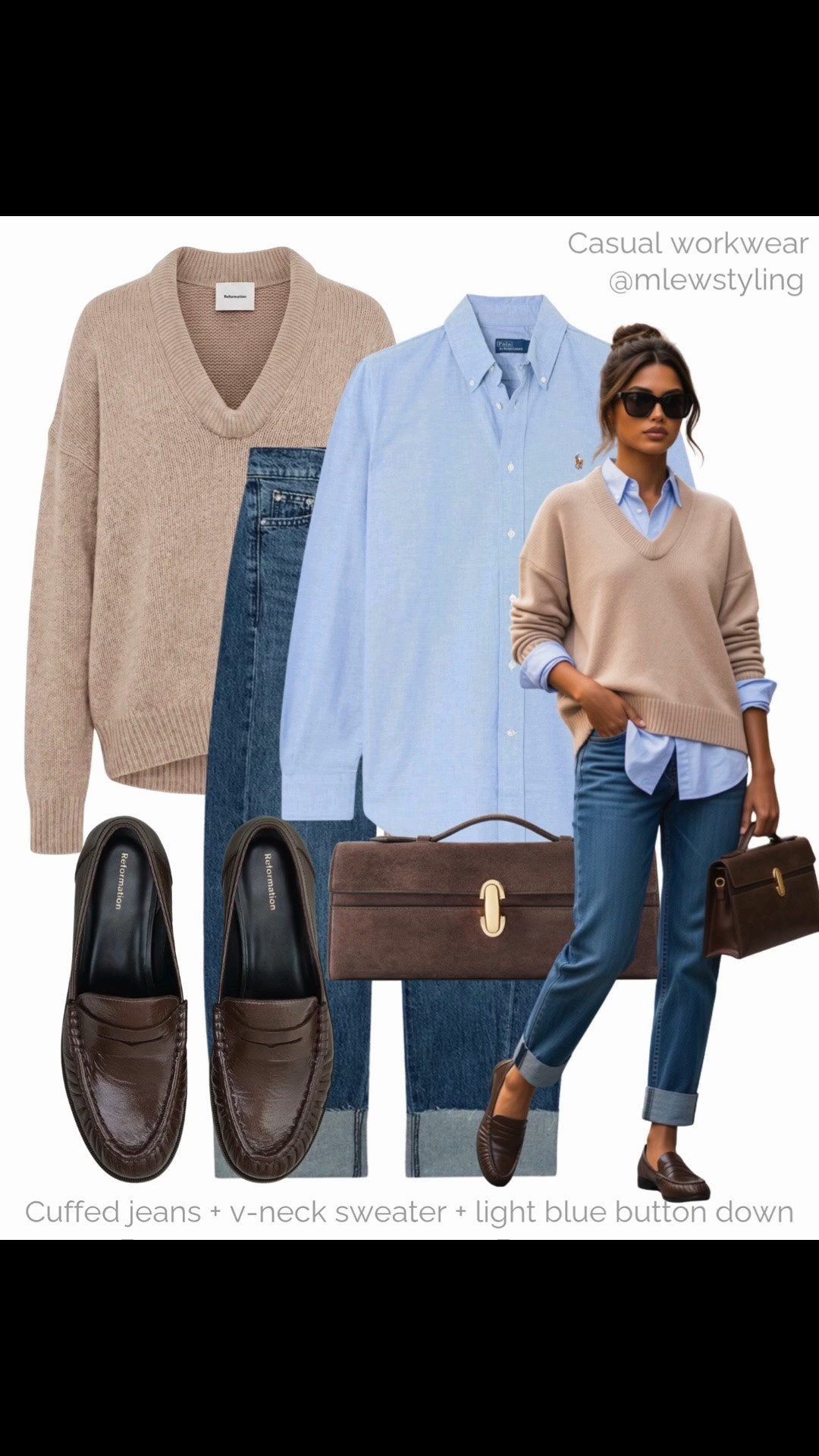 Casual workwear for fall with cuffed jeans 🤎

Tags: autumn office outfit, reformation leather loafers, polo Ralph Lauren blue button down, v-neck cashmere sweater, savette symmetry pouch, suede clutch, Zara denim, outfit formulas, capsule wardrobe

#LTKfall #LTKjeans #LTKworkwear