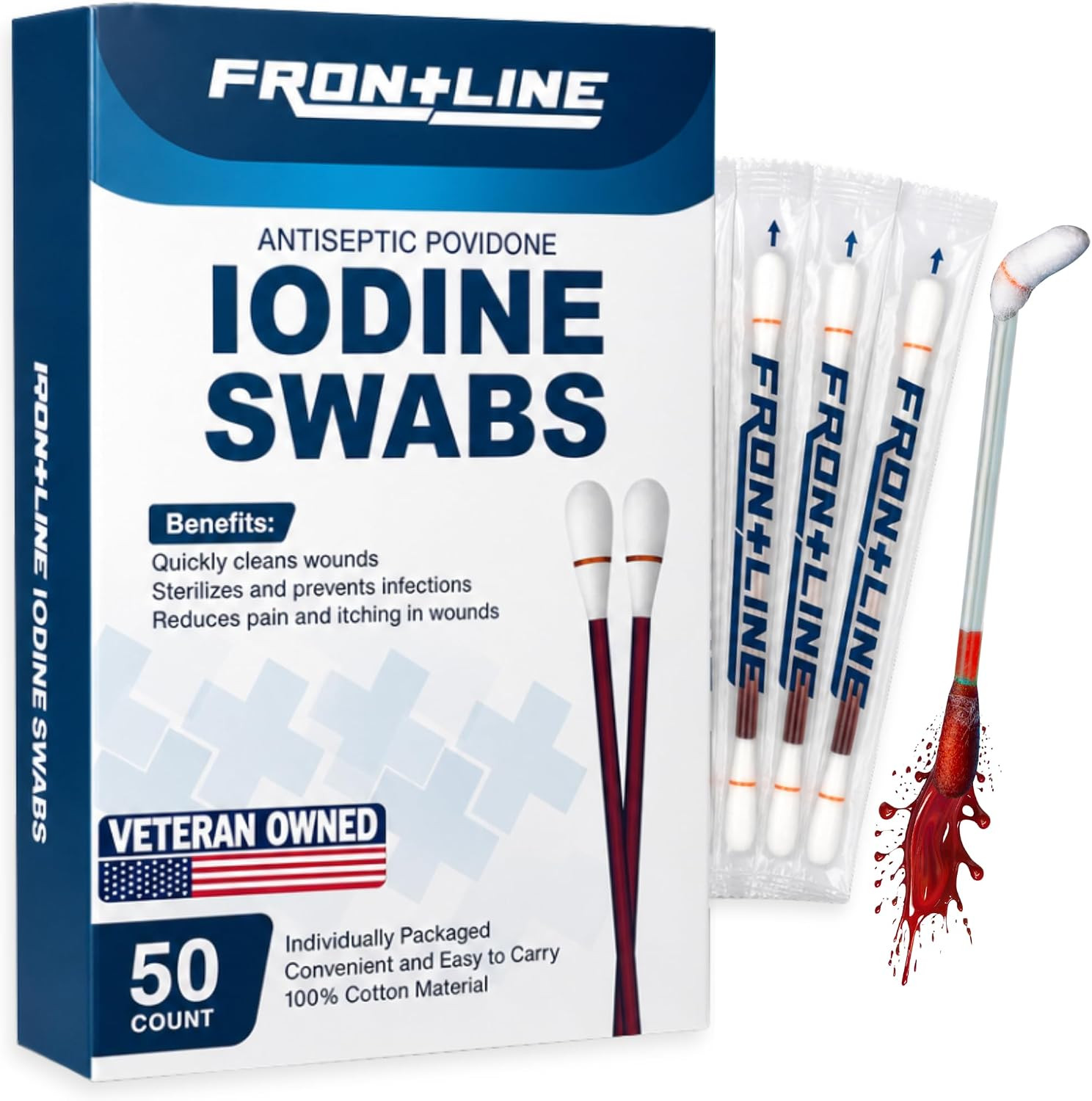 FrontLine Povidone Iodine Swabs, Antiseptic Swabsticks, Iodine Solution, Cleansing Cotton Swab, Individually Wrapped Medical Supplies, Wound Care, First Aid, Wound Cleaner, Box of 50 | Amazon (US)