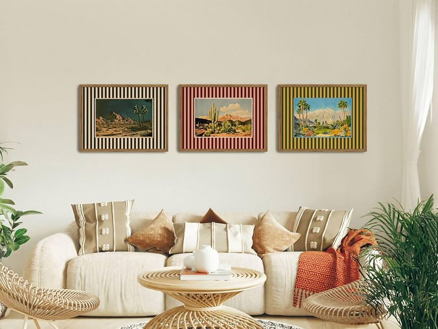 Framed Vintage Western Nature Landscape Wall Art Set of 3, Striped Postcards Southwest Desert Cac... | Amazon (US)