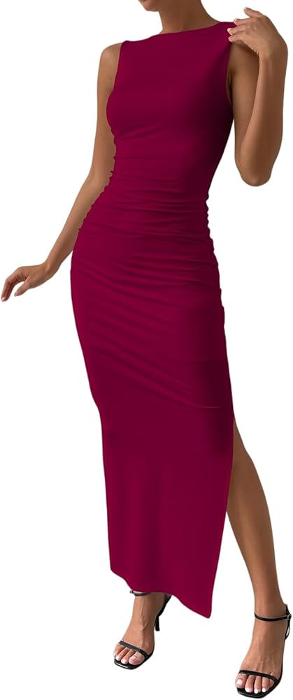 Yknktstc Women's Maxi Dresses Fall 2025 Sleeveless Ruched Bodycon Solid Side Slit Cocktail Weddin... | Amazon (US)