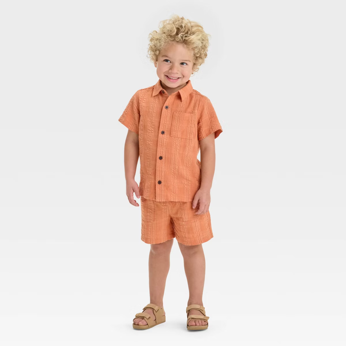 Toddler Boys' Seersucker Short Sleeve Button-Up and Pull-On Shorts Set - Cat & Jack™ Coral Oran... | Target