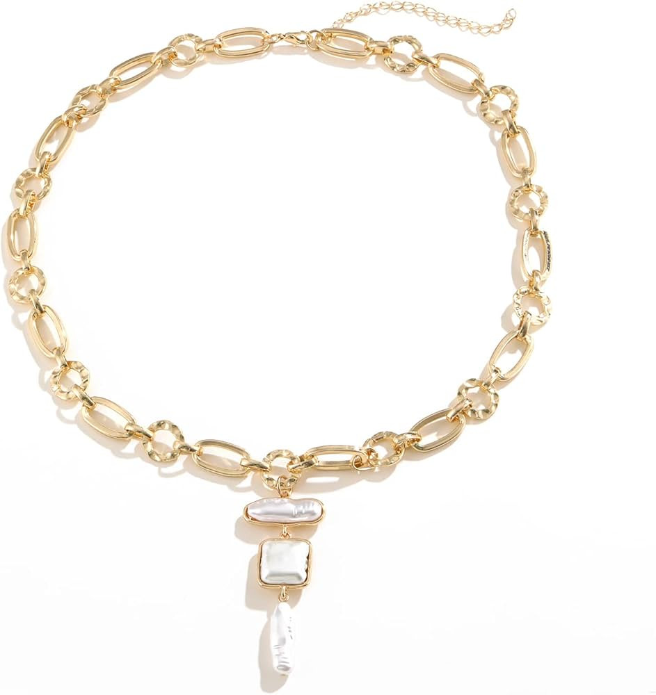 Statement Pearl and Chain Necklace Mixed Chain and Trendy Pearl Choker Organic Pears Heart Pendan... | Amazon (US)