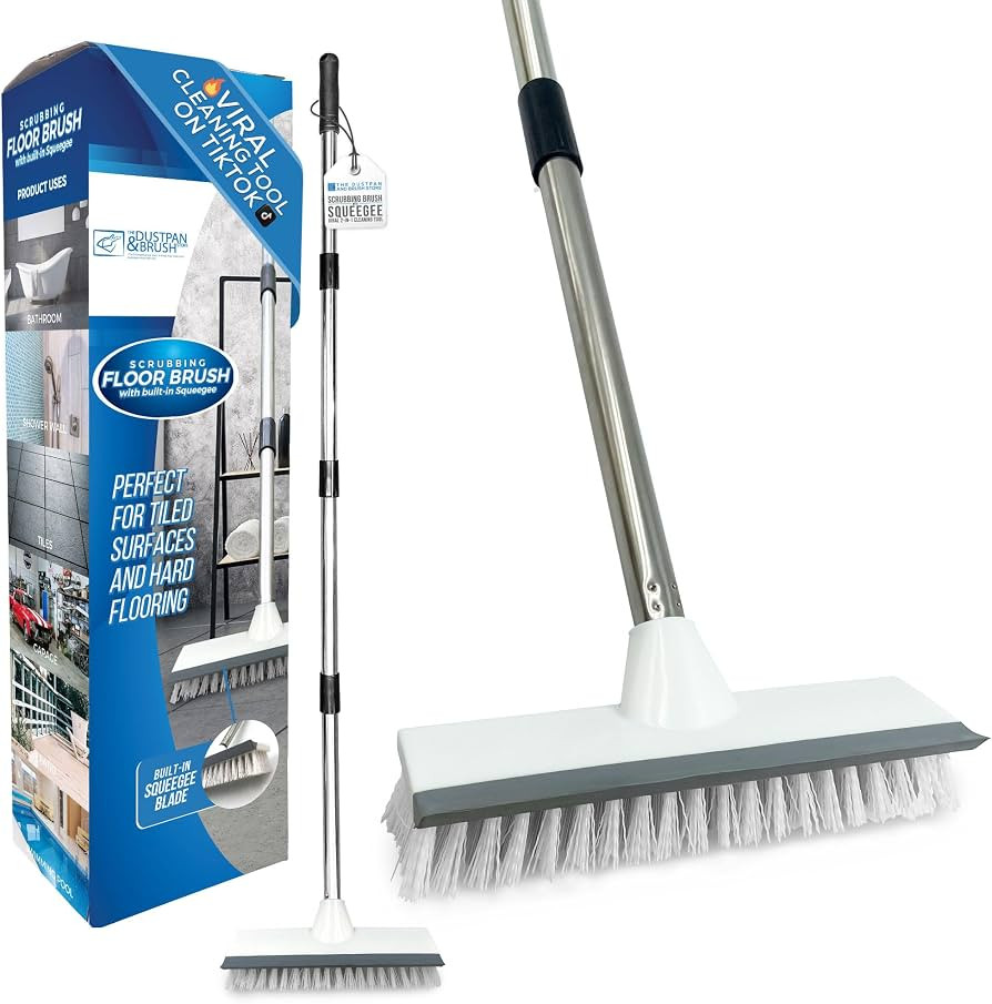 Floor Squeegee Broom Scrubbing Brush with Stiff Brush Bristles and 4PC Broom Handle for Home and ... | Amazon (UK)