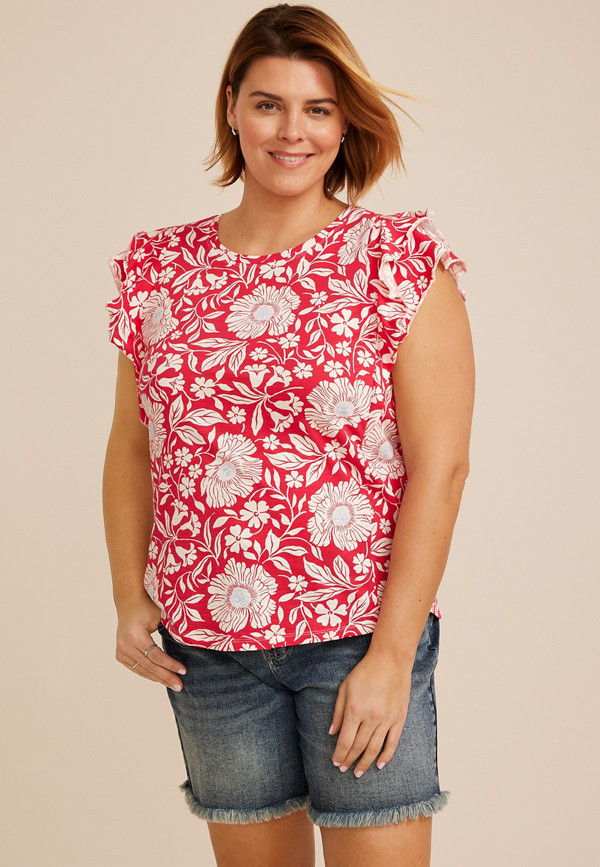 Plus Size 24/7 Floral Double Flutter Sleeve Tee | Maurices