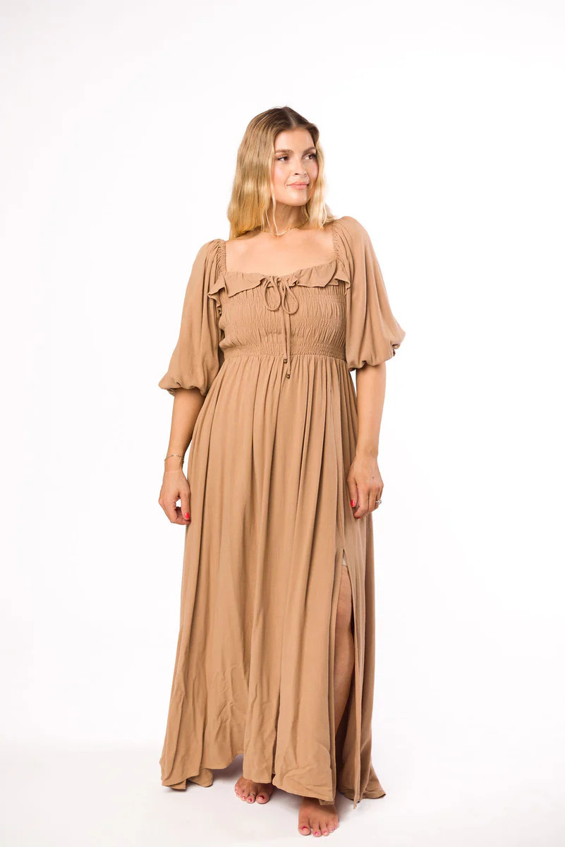 Devon Smocked Maxi Dress in Taupe - Bump Friendly | Worth Collective