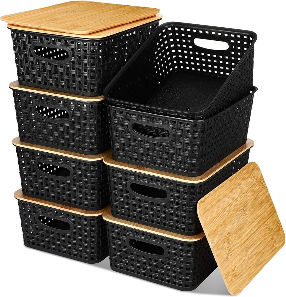Barydat 8 Pack Plastic Storage Baskets with Bamboo Lid Pantry Organization Storage Containers Lid... | Amazon (US)