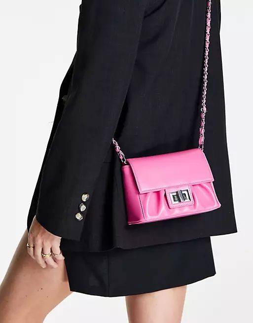 ASOS DESIGN ruched crossed body bag with chain strap in pink | ASOS (Global)