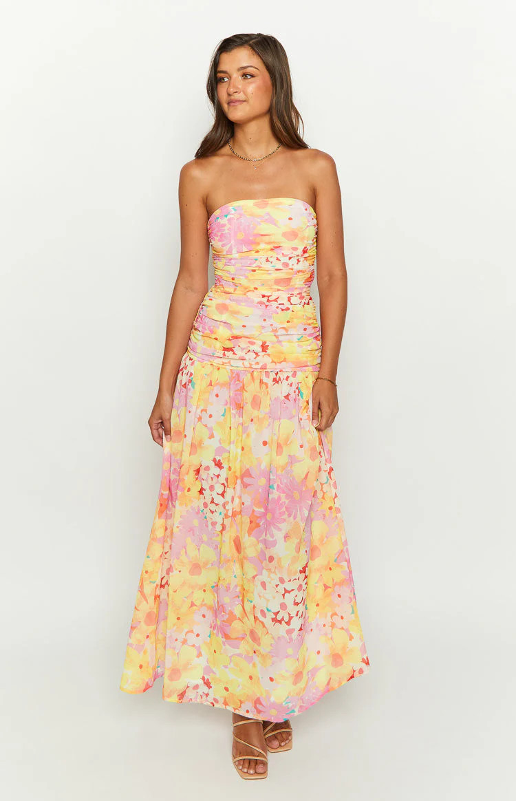 Sinclair Yellow Floral Print Strapless Maxi Dress | Beginning Boutique (US)