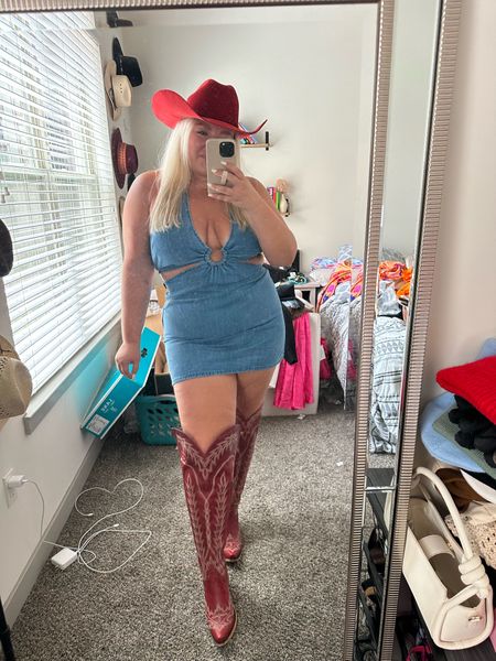 Denim dress concert outfit inspo! wearing size xxl - boots lace up fully in the back to work for wide calves! 

#LTKshoecrush #LTKcurves #LTKstyletip