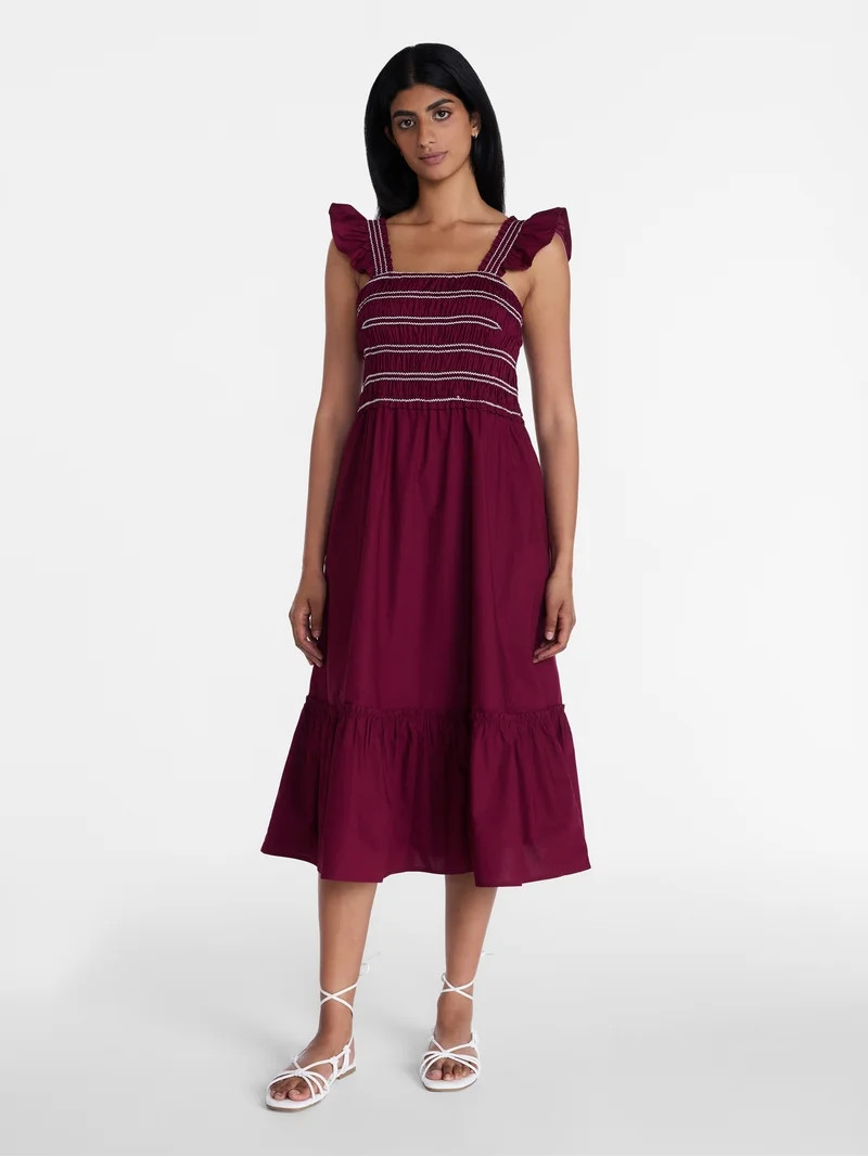 Time and Tru Women's Smocked Bodice Midi Dress, Sizes XS - 4X | Walmart (US)