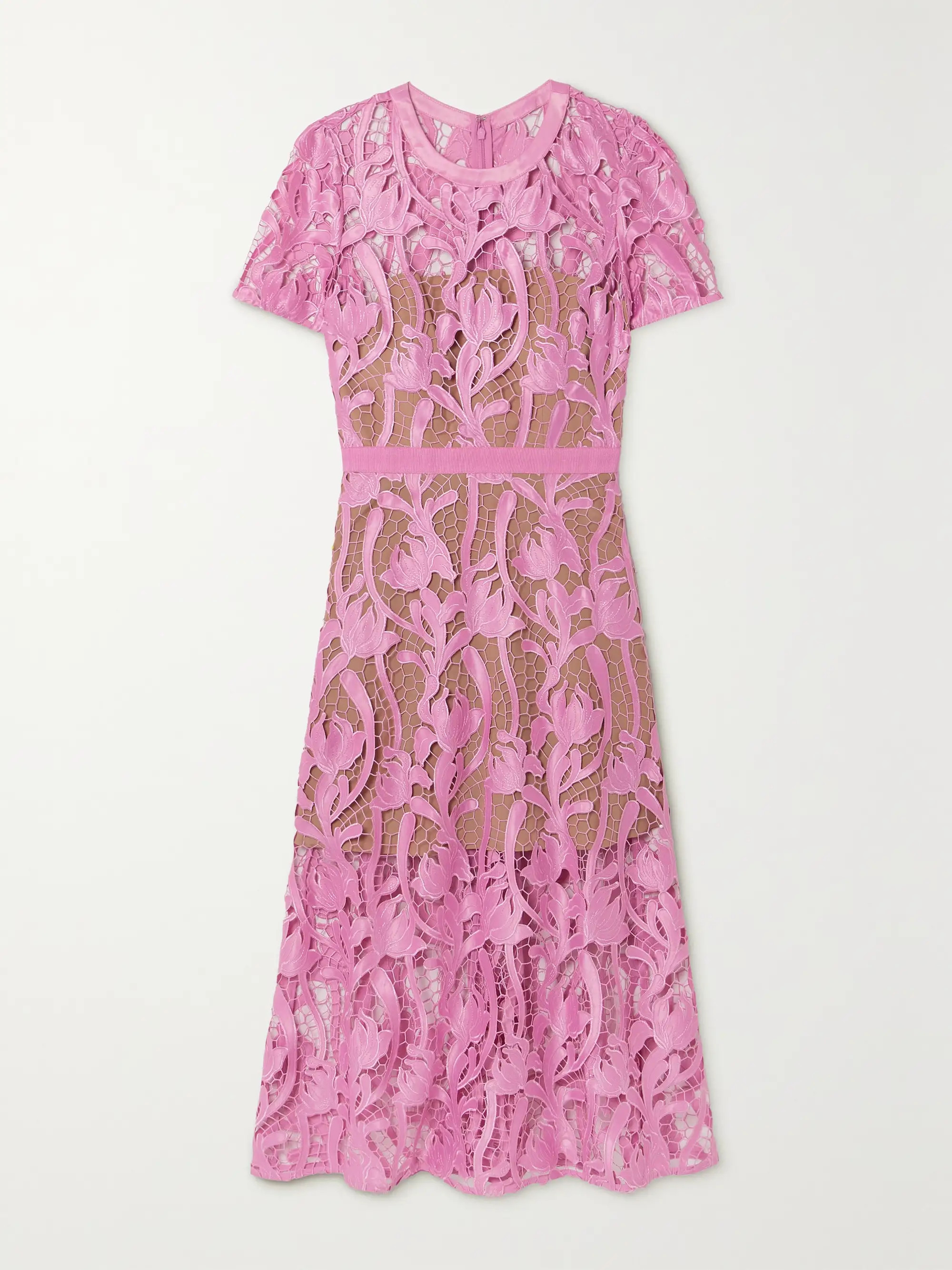 Grosgrain-trimmed embroidered satin and guipure lace midi dress | NET-A-PORTER (UK & EU)