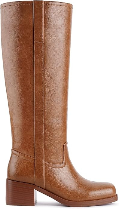 Women's Banana Knee High Boots Square Toe Chunky Block Heel Comfortable Low Heel Pull on Wide Cal... | Amazon (US)
