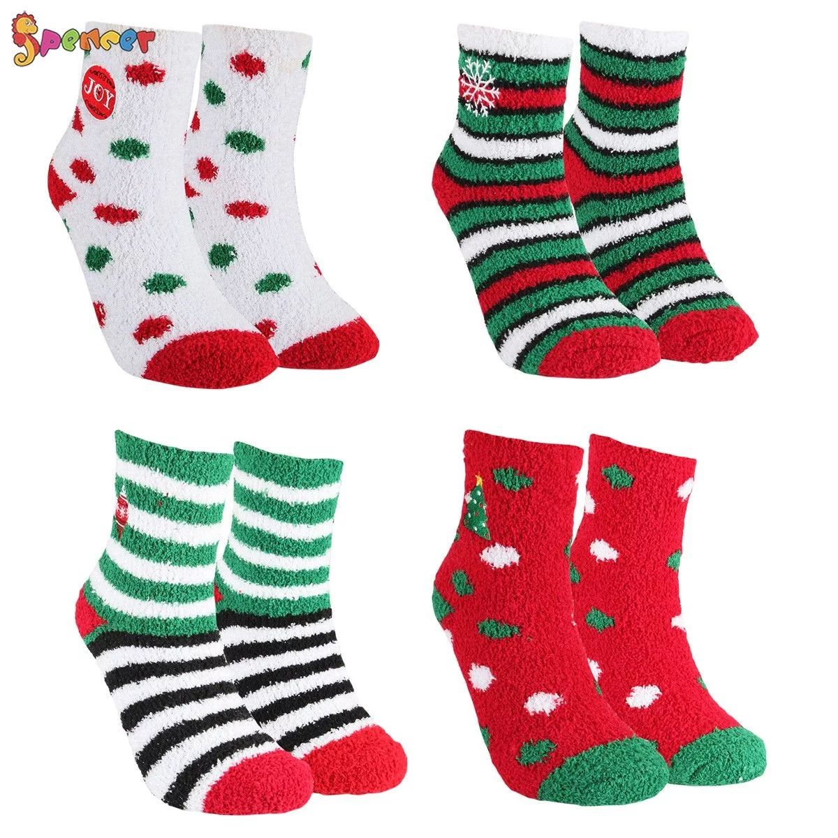 Spencer 4 Pairs Christmas Fuzzy Crew Socks Cute Coral Fleece Warm Cozy Socks Holiday Slipper Sock... | Walmart (US)