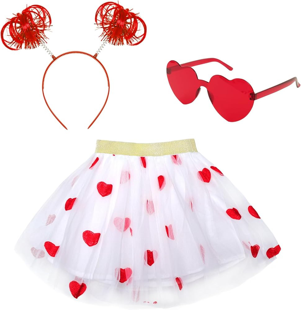 3Pcs Valentine's Tulle Skirt Sets Heart Embroidered Ballet Skirt with Heart Glasses Ponytail Head... | Amazon (US)