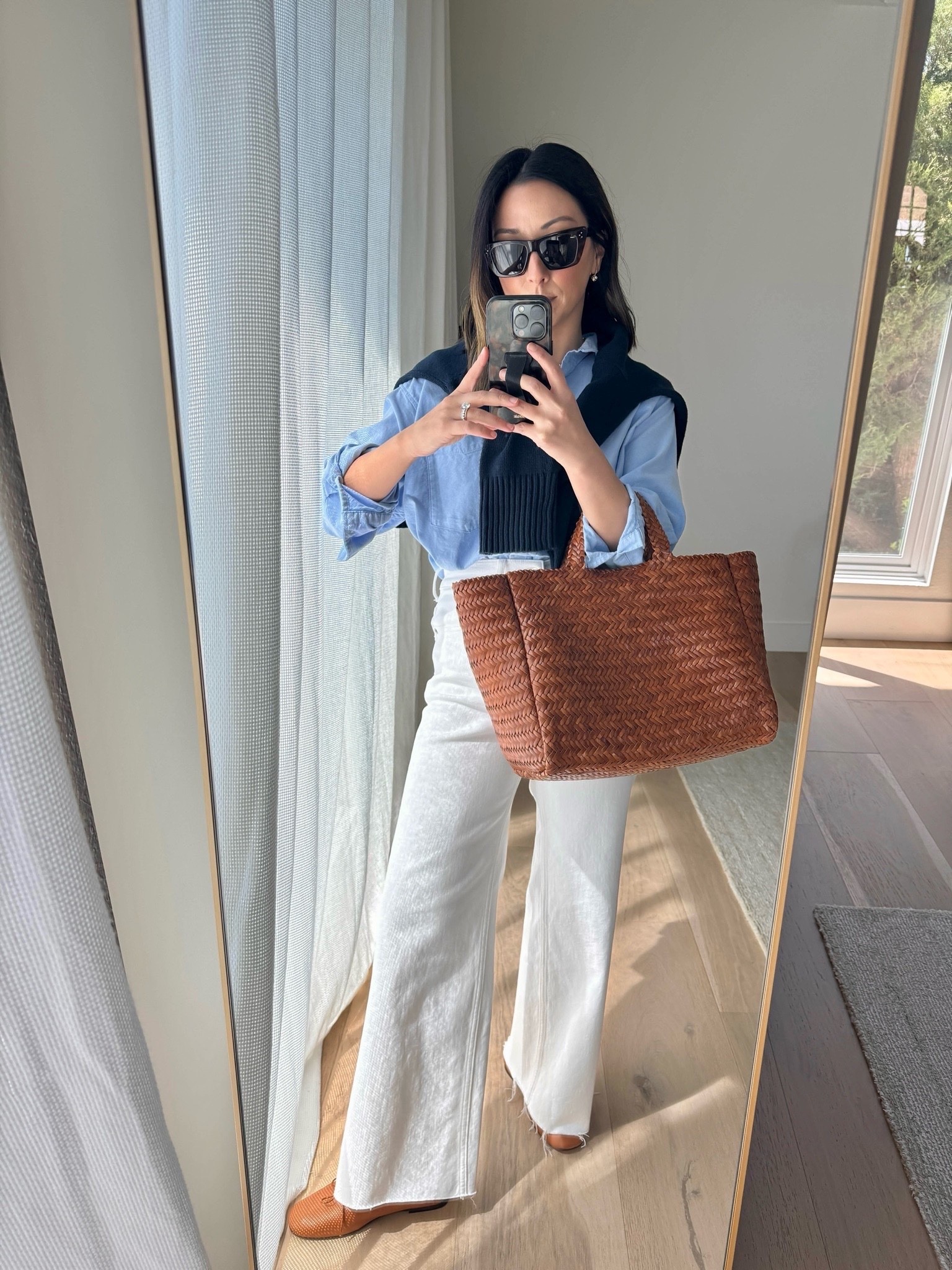 The most flattering white jean! Everlane’s way high 2.0 sailor jeans. High rise wide leg. I did have to cut the hems on these. 

Gap Big Shirt petite xs 
Everlane sailor jeans 25, cut hems Everlane cotton sweater xs Everlane ballet flats 5 - old, linked similar
Marea tote - sold out, linked similar 
Celine sunglasses 
Electric picks earrings 
Dorsey James necklace 15

#LTKmomlife #LTKootd #LTKPetite