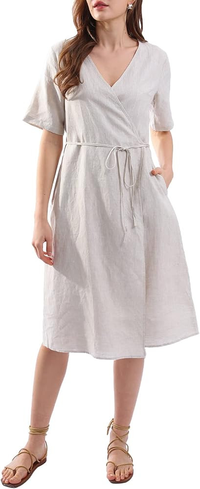 Amazhiyu Womens Pure Linen Summer Short Sleeve Wrap Midi Dresses with Pockets | Amazon (US)