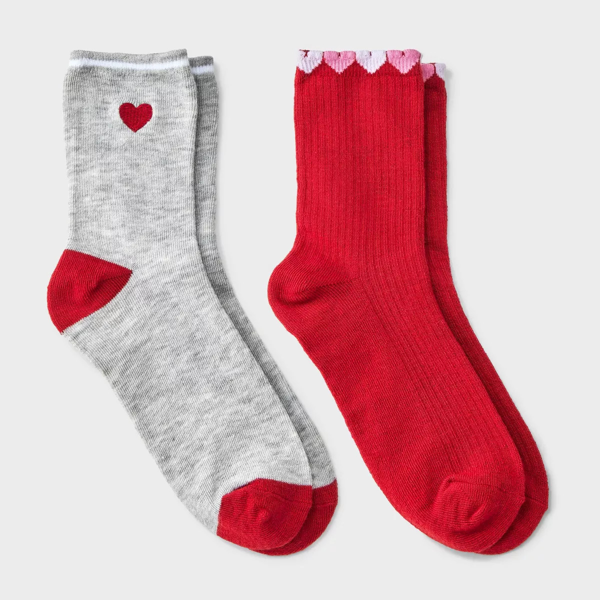 Girls' 2pk Embroidered Heart Crew Socks - art class™ Heather Gray/Red | Target