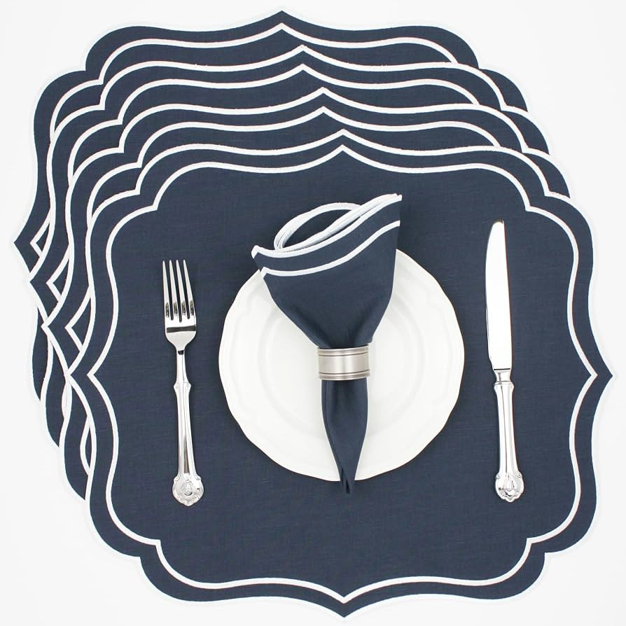 Cotton Linen Scalloped & Embroidered Placemats Set of 4, Navy | Amazon (US)