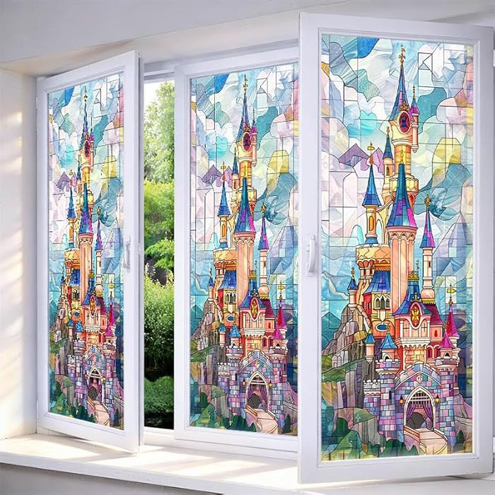 Privacy Window Pastel Castle Fantasy Decorative Window Cling Stained Glass Style Static Cling Gla... | Amazon (US)