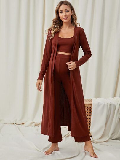 SHEIN Maternity Cami Top & Pants PJ Set With Self Belted Robe | SHEIN