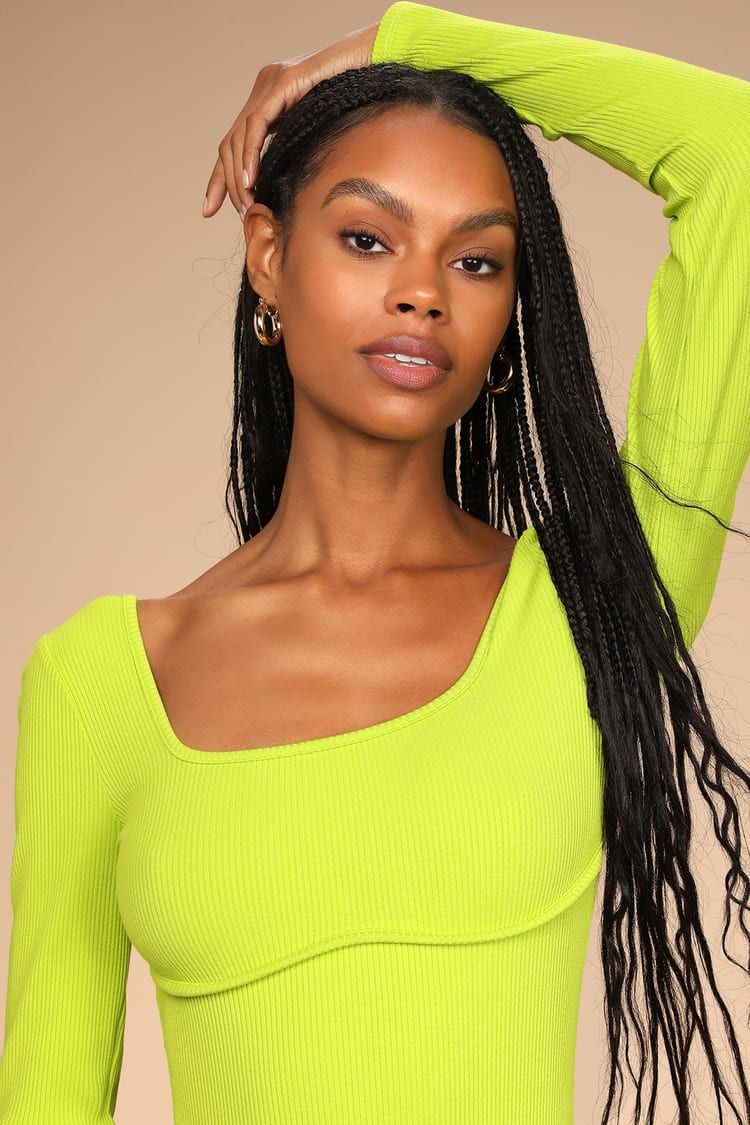 Emphasis on Enticing Lime Ribbed Long Sleeve Bustier Bodysuit | Lulus (US)