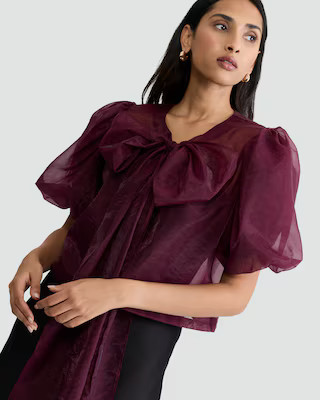 F&F Sheer Puff Sleeved Bow Front Blouse in Burgundy | Tesco F&F