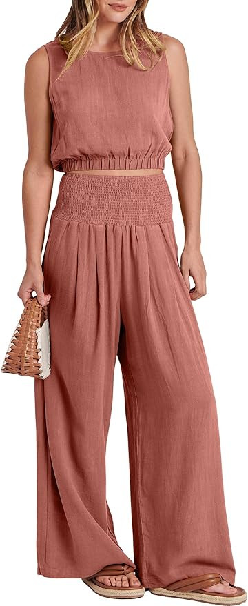ANRABESS Women's 2 Piece Linen Lounge Set Casual Matching Pants Jumpsuit Summer Beach Travel Vaca... | Amazon (US)