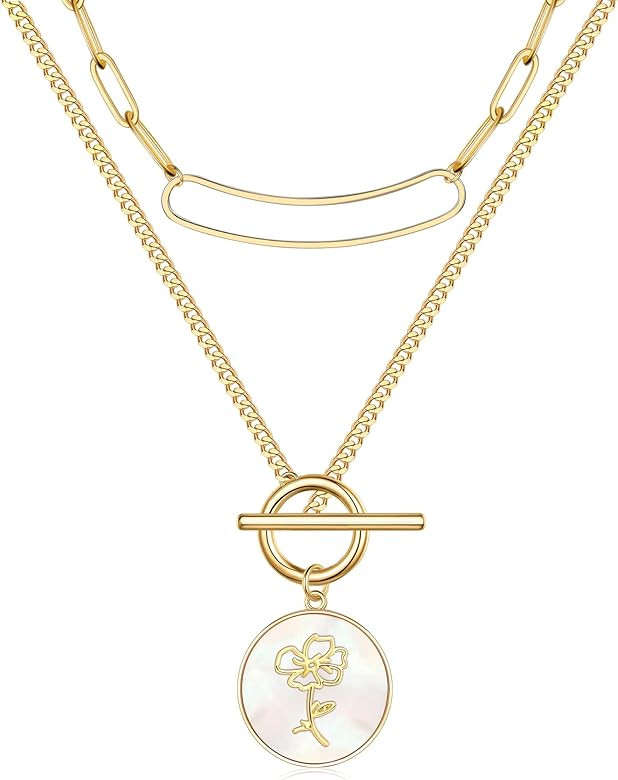 DOZZIOR Layered Birth Month Flower Necklaces for Women 14k Gold Plated Paperclip Chain Necklace L... | Amazon (US)