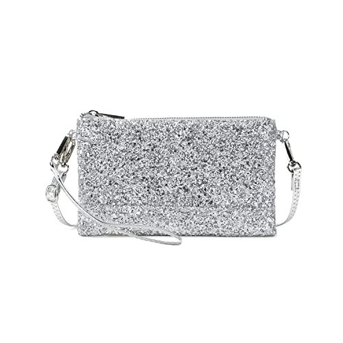 LAM GALLERY Sparkling Glitter Evening Clutch Silver Bride Purse for Wedding Bling Clutch Handbag for Party - Silver Shoulder Style | Amazon (US)
