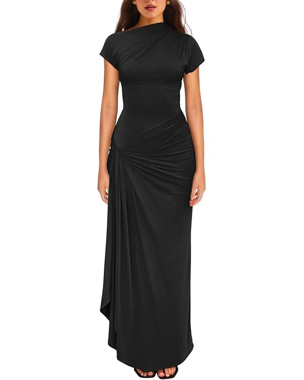 YMDUCH Women's Casual Short Sleeve Boat Neck Ruched High Split Bodycon Long Party Dress | Amazon (US)