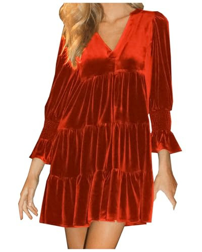 YEXPINE Women's Velvet Dress Long Sleeve Loose Flowy Swing Tunic Dress V Neck Tiered Babydoll Dress with Pocket Brown | Amazon (US)
