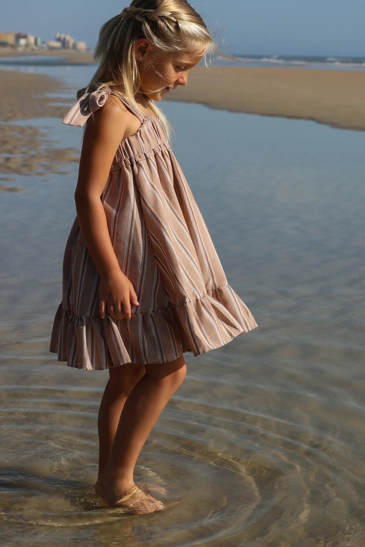 Evie Tunic Dress (mocha stripe linen) | INDIE BLUE