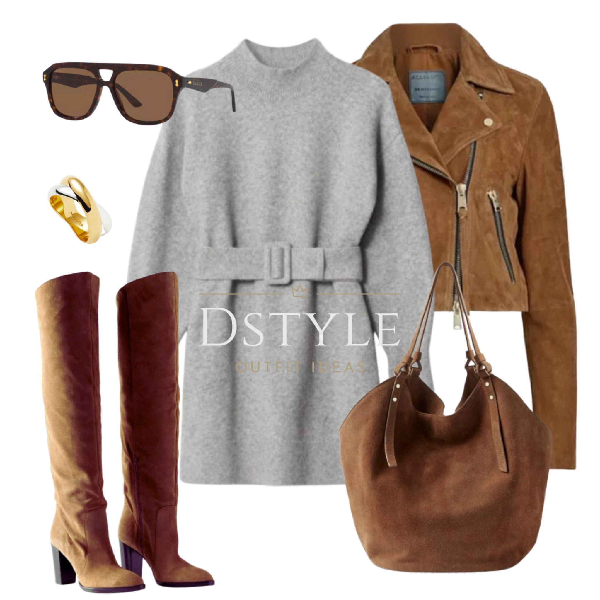 Grey belted mini knit dress, brown suede biker jacket, camel suede long boots, tan suede shoulder bag, Gucci sunglasses

#LTKStyleTip #LTKItBag #LTKFindsUnder100