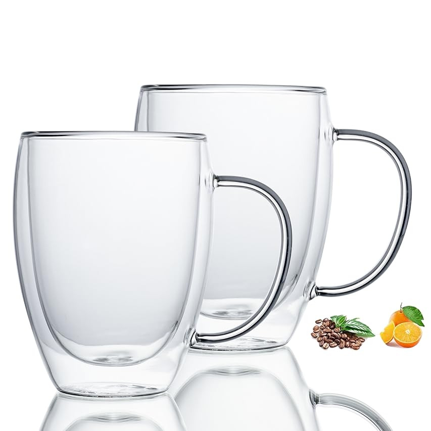 2-Pack 12 Oz Double Walled Glass Coffee Mugs with Handle,Insulated Layer Coffee Cups,Clear Borosilic | Amazon (US)