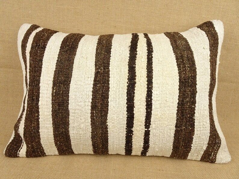 Brown And White Striped Hemp Kilim Pillow Cover,16"x24" inch Decorative hemp pillow,Stripe turkis... | Etsy (US)