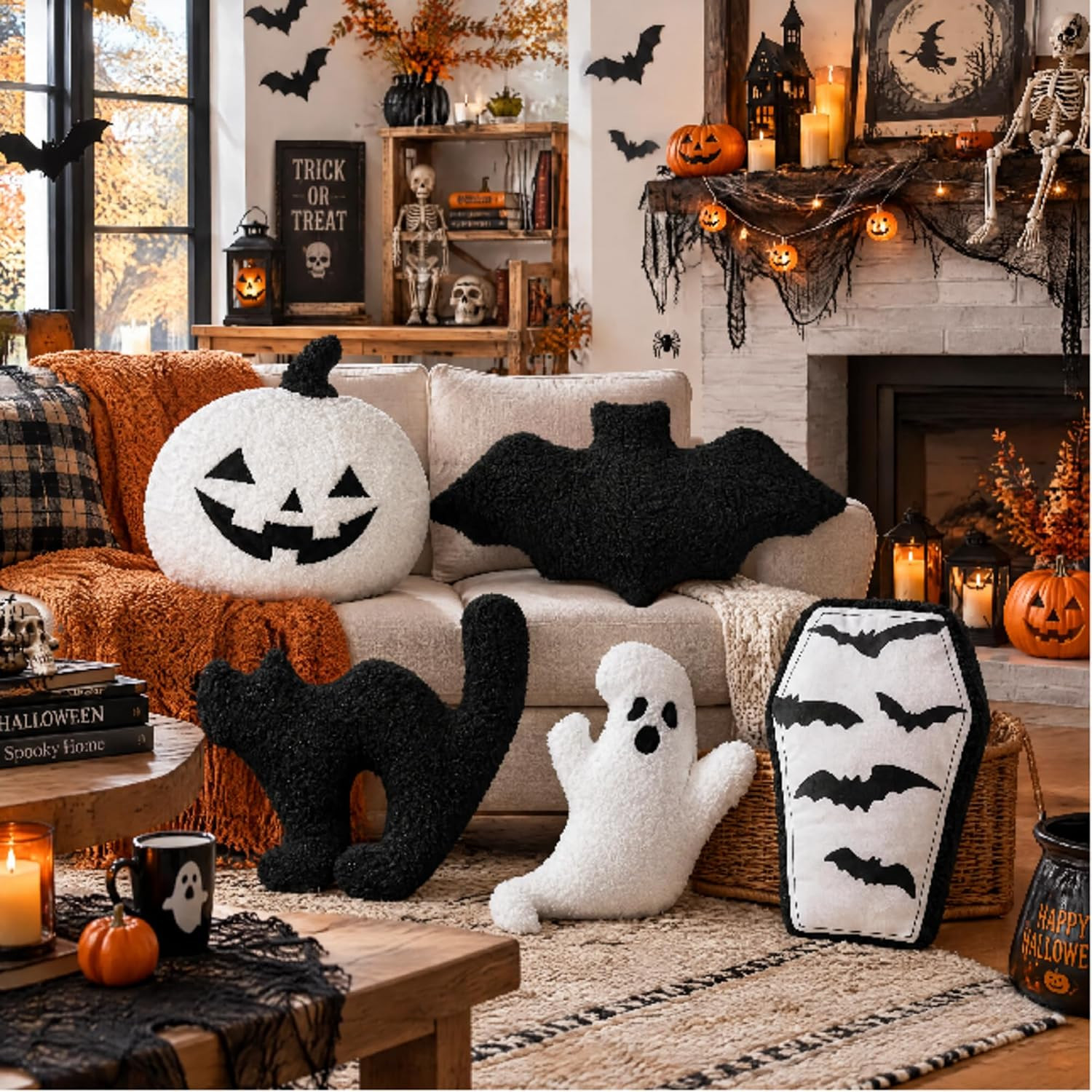Beeveer 5 Pcs Halloween Shape Pillow Spooky Ghost Shaped Pillow Plush Soft Bat Coffin Cushion Pumpkin Throw Pillow for Halloween Party Friends Children Gift Living/Dining Room | Amazon (US)