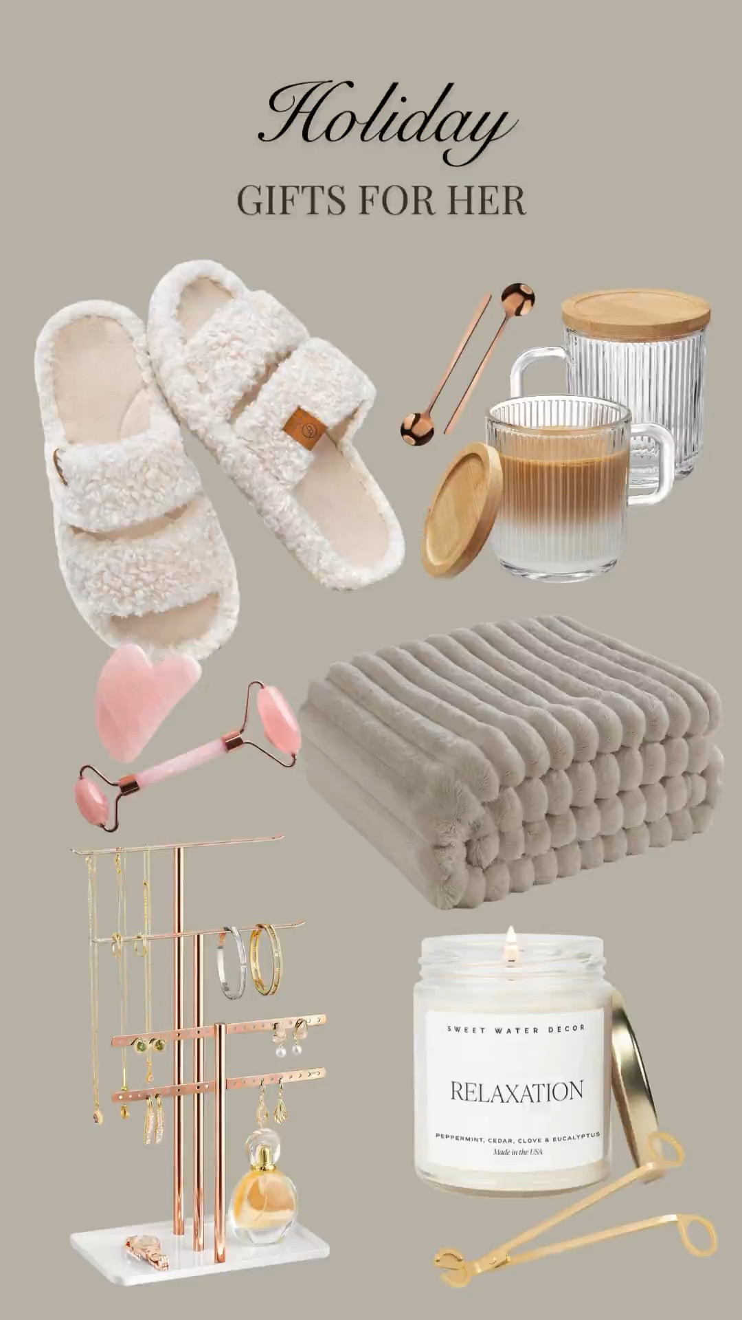 Gift ideas perfect for “her”! gift list, gift basket, holiday gift, stocking stuffer, Christmas present, Christmastime, holidays, slippers, candle, throw blanket, jewelry holder, coffee mugs, tea

#LTKHoliday #LTKHome #LTKGiftGuide