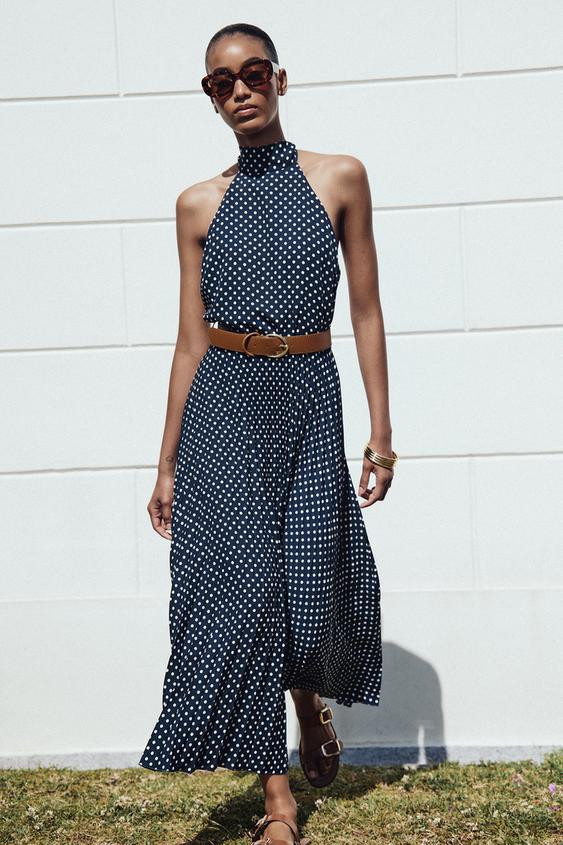 POLKA DOT MIDI HALTER DRESS WITH BELT | Zara US