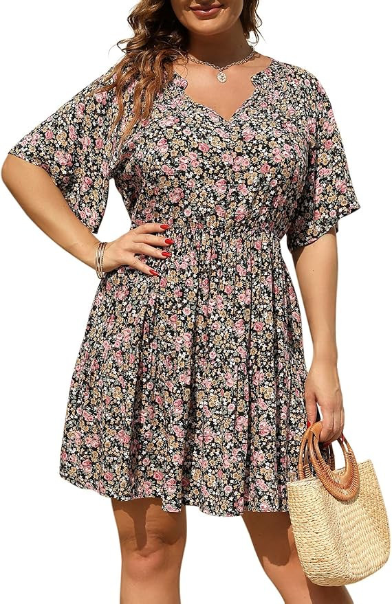 Nemidor Womens Plus Size Floral Print Boho Casual Layered Swing Skater Dress with Pocket NEM299 | Amazon (US)