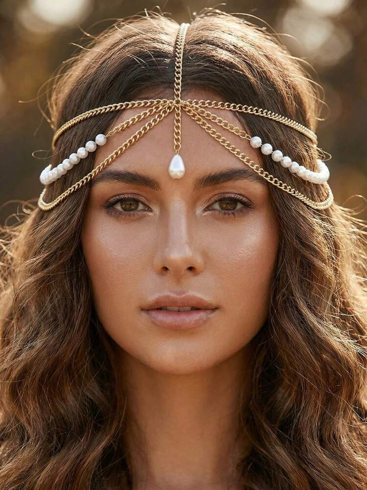 1pc Bohemian Style Wavy Tassel Chain Headpiece, Teardrop Faux Pearl Tassel Pendant Women Hair Jew... | SHEIN