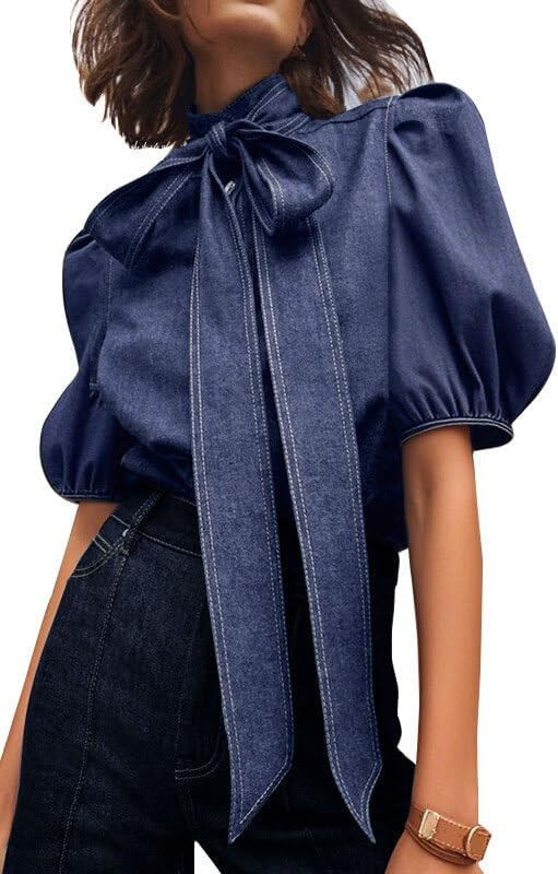 oshoplive Women's Short Puff Sleeve Bow Tie Neck Denim Shirt Button Down Casual Office Work Blous... | Amazon (US)