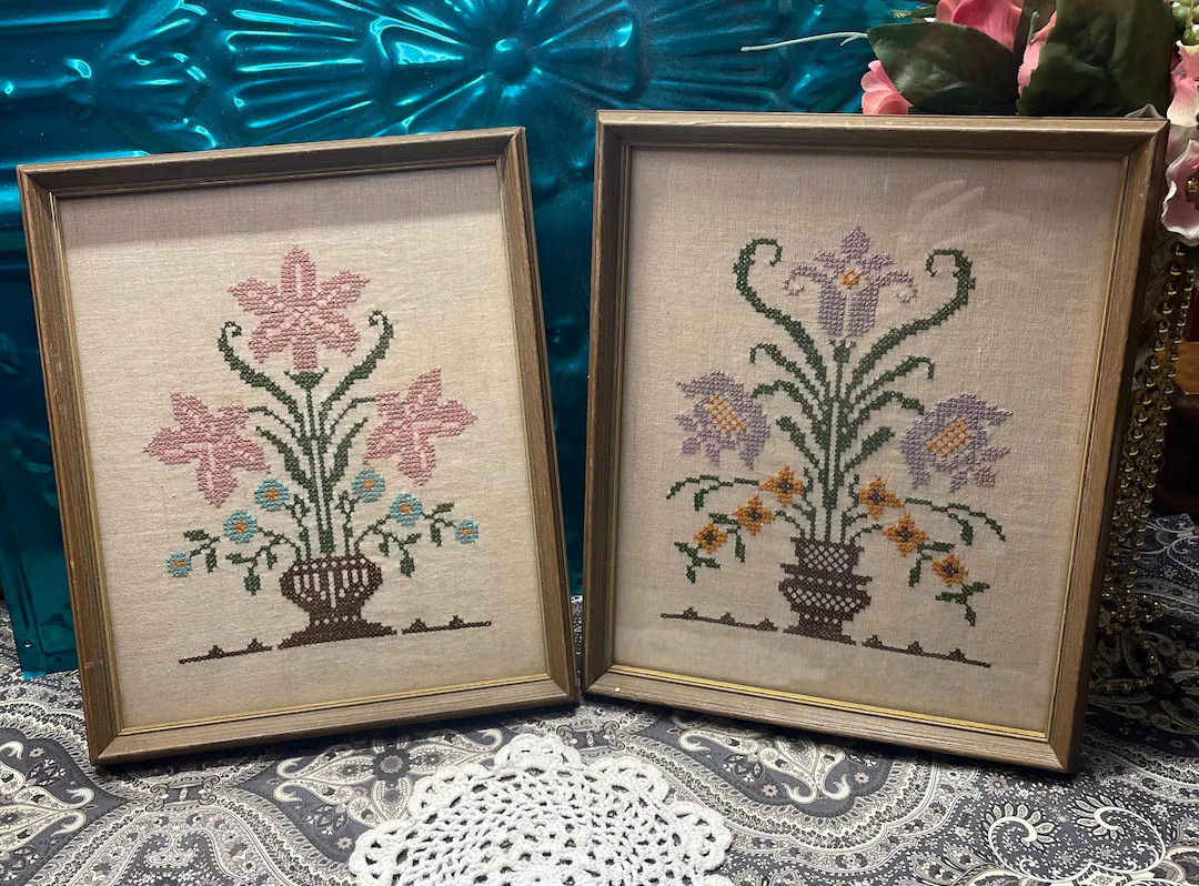 Vintage pair of wood framed floral cross stitch on linen- aged frames | Etsy (US)