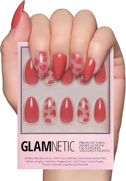 Valentines Day Glamnetic Press On Nails - Love Me | Glossy, Semi-Transparent, Short Almond Red He... | Amazon (US)