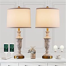 KIVDITZO White Marble Finish Touch Control Bedside Table Lamp Set of 2 Round Linen Shade 5V/2A US... | Amazon (US)