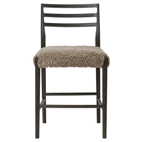 George Mid Century Brown Shearling Dark Oak Ladder Back Counter Stool | Kathy Kuo Home