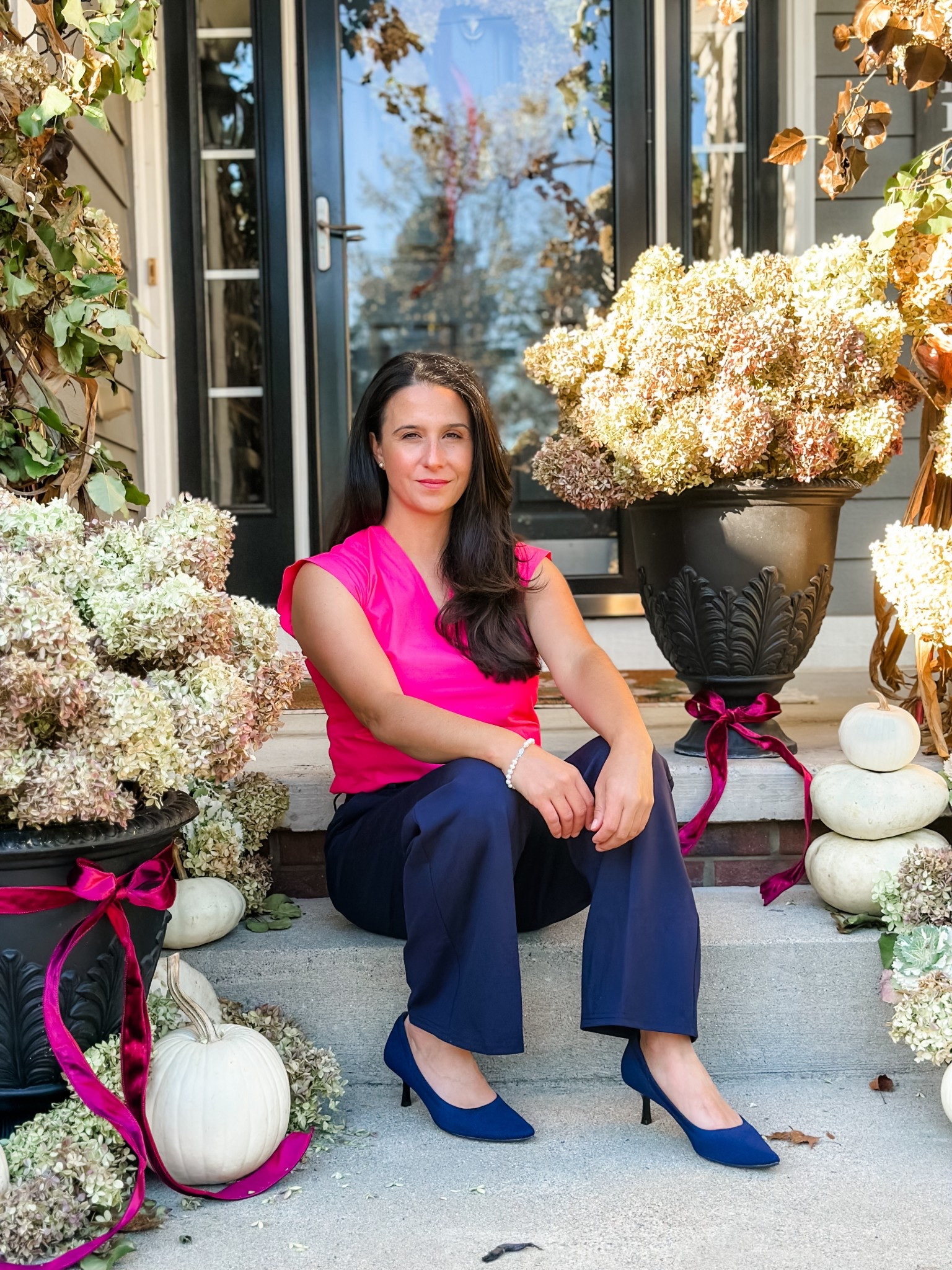 Elegant and classy fashion for women 🎀

Timeless style 
Graceful fashion 
Pink bow top 
Fuchsia pink 
Navy dress pants for women
Navy pumps 
Home decor 
Fringe ottoman 
King Louis chair 
Burgundy ribbon 
Tufted bench 

#LTKShoeCrush #LTKWorkwear #LTKStyleTip